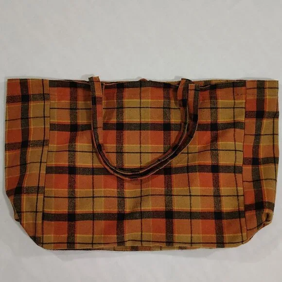 Maurices Plaid Flannel Tote Bag Button Closure Front Pocket Striped Lining - Picture 2 of 16